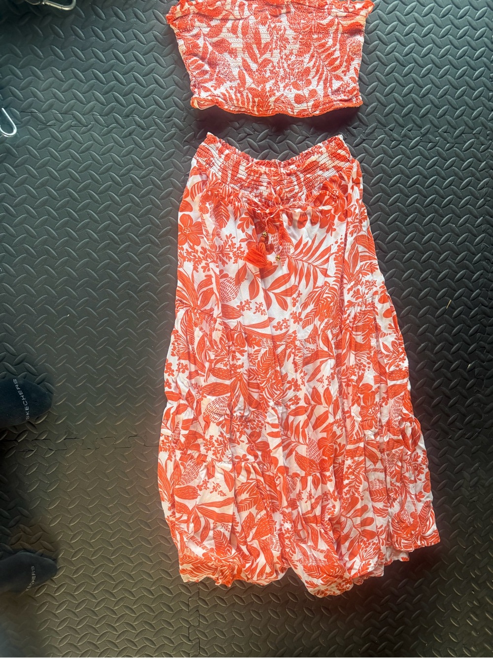 Tropical Print Orange Smocked Maxi Skirt Set Size LARGE -fits👌 - Picture 3 of 8